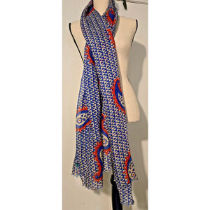 YARNZ Linen Blend Blue Red and Greige Paisley Graphic Shawl/Wrap 28" x 82"